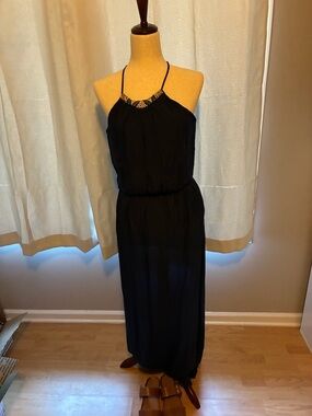 Lily Rose Navy Beaded Halter Maxi Dress